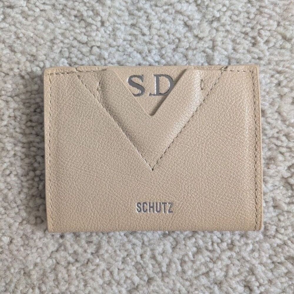 NWOT Schutz Tan Silver Embossed Logo Leather Wallet w/ Red Lining